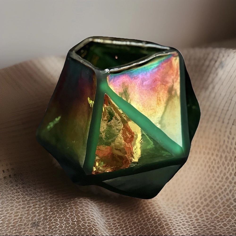 Anthropologie Iridescent Carnival Glass Geometric Angle Vase 6”
